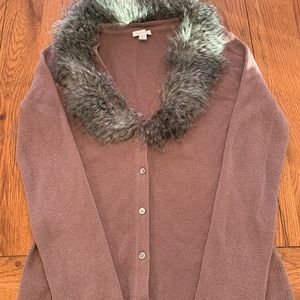 Garnet Hill Women’s Wool Cardigan Button Down Sweater with Faux Fur Collar